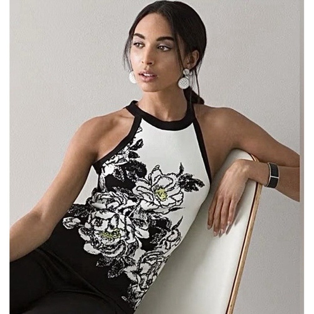 White House Black Market Floral Halter Top L •Zip Back Botanical Monochrome WHBM - Picture 2 of 11